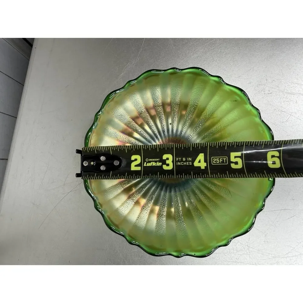 Vintage Fenton Green Carnival Glass Rays SCALLOP EDGE BOWL Trinket Dish